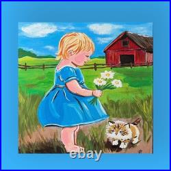 Modern Folk Art Child & Kitten Red Barn Acrylic 12x12 Canvas Panel Original