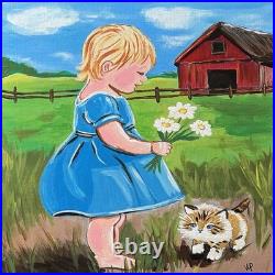 Modern Folk Art Child & Kitten Red Barn Acrylic 12x12 Canvas Panel Original