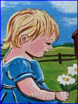 Modern Folk Art Child & Kitten Red Barn Acrylic 12x12 Canvas Panel Original