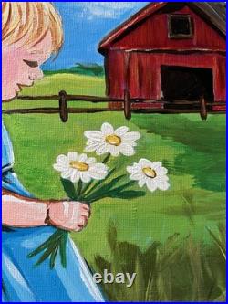 Modern Folk Art Child & Kitten Red Barn Acrylic 12x12 Canvas Panel Original