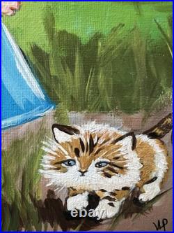 Modern Folk Art Child & Kitten Red Barn Acrylic 12x12 Canvas Panel Original