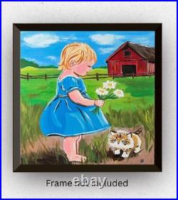 Modern Folk Art Child & Kitten Red Barn Acrylic 12x12 Canvas Panel Original
