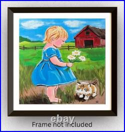 Modern Folk Art Child & Kitten Red Barn Acrylic 12x12 Canvas Panel Original