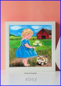 Modern Folk Art Child & Kitten Red Barn Acrylic 12x12 Canvas Panel Original
