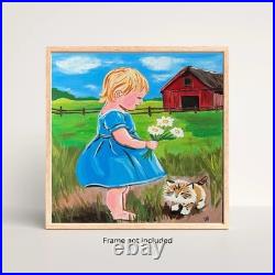 Modern Folk Art Child & Kitten Red Barn Acrylic 12x12 Canvas Panel Original