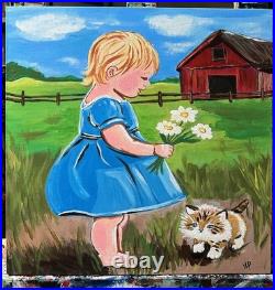 Modern Folk Art Child & Kitten Red Barn Acrylic 12x12 Canvas Panel Original