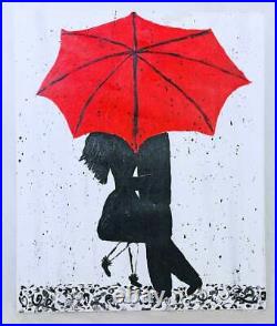 Modernist Folk Art Outsider Original Painting Dancing In The Rain Red Umbrella