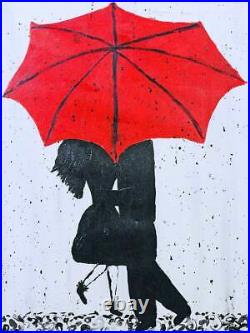 Modernist Folk Art Outsider Original Painting Dancing In The Rain Red Umbrella