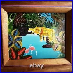 Myrthil Folk Art Painting Tropical Jungle Leopard Folk Surrealist Scene Framed