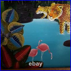 Myrthil Folk Art Painting Tropical Jungle Leopard Folk Surrealist Scene Framed