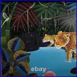 Myrthil Folk Art Painting Tropical Jungle Leopard Folk Surrealist Scene Framed