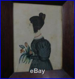 NAIVE WATER-COLOUR PAINTING-FOLK ART GIRL with POSY- JANE MORRIS HATFIELD-C. 1800