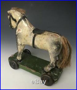 NR Antique Folk Art Pull Toy Carved & Painted Wooden Horse, American, ca. 1900