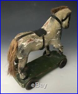 NR Antique Folk Art Pull Toy Carved & Painted Wooden Horse, American, ca. 1900