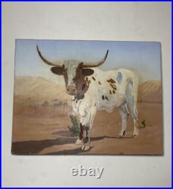 Naive Contemporary Folk Art Oil On Canvas Longhorn Cow Painting 14 By 18
