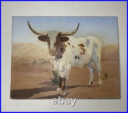Naive Contemporary Folk Art Oil On Canvas Longhorn Cow Painting 14 By 18