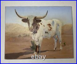 Naive Contemporary Folk Art Oil On Canvas Longhorn Cow Painting 14 By 18