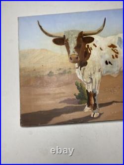 Naive Contemporary Folk Art Oil On Canvas Longhorn Cow Painting 14 By 18
