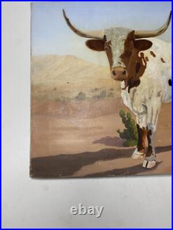 Naive Contemporary Folk Art Oil On Canvas Longhorn Cow Painting 14 By 18