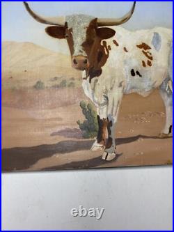 Naive Contemporary Folk Art Oil On Canvas Longhorn Cow Painting 14 By 18