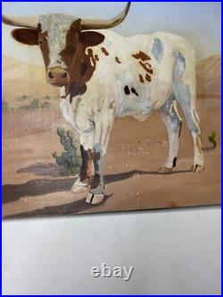 Naive Contemporary Folk Art Oil On Canvas Longhorn Cow Painting 14 By 18