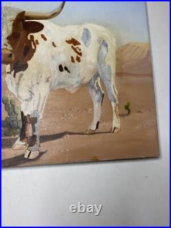 Naive Contemporary Folk Art Oil On Canvas Longhorn Cow Painting 14 By 18