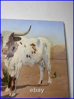 Naive Contemporary Folk Art Oil On Canvas Longhorn Cow Painting 14 By 18