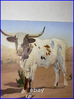 Naive Contemporary Folk Art Oil On Canvas Longhorn Cow Painting 14 By 18