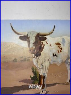 Naive Contemporary Folk Art Oil On Canvas Longhorn Cow Painting 14 By 18