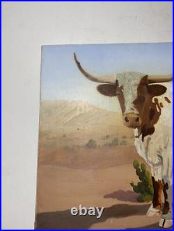 Naive Contemporary Folk Art Oil On Canvas Longhorn Cow Painting 14 By 18