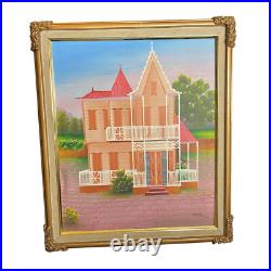 Naive Folk Art Painting Creole/Hatian/Carinbean Pink House 23x28 Signed ISmaïlla