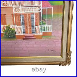 Naive Folk Art Painting Creole/Hatian/Carinbean Pink House 23x28 Signed ISmaïlla
