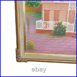 Naive Folk Art Painting Creole/Hatian/Carinbean Pink House 23x28 Signed ISmaïlla