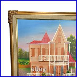 Naive Folk Art Painting Creole/Hatian/Carinbean Pink House 23x28 Signed ISmaïlla