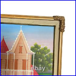 Naive Folk Art Painting Creole/Hatian/Carinbean Pink House 23x28 Signed ISmaïlla