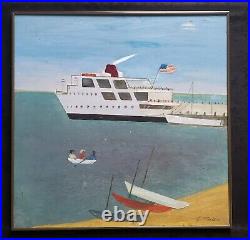 Nantucket Ferry Oil Painting Primitive Folk Art Signed 22