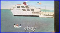 Nantucket Ferry Oil Painting Primitive Folk Art Signed 22