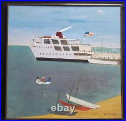 Nantucket Ferry Oil Painting Primitive Folk Art Signed 22