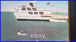 Nantucket Ferry Oil Painting Primitive Folk Art Signed 22