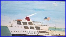 Nantucket Ferry Oil Painting Primitive Folk Art Signed 22