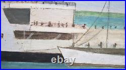 Nantucket Ferry Oil Painting Primitive Folk Art Signed 22