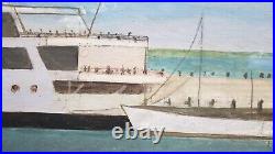 Nantucket Ferry Oil Painting Primitive Folk Art Signed 22