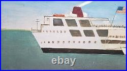 Nantucket Ferry Oil Painting Primitive Folk Art Signed 22