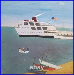 Nantucket Ferry Oil Painting Primitive Folk Art Signed 22