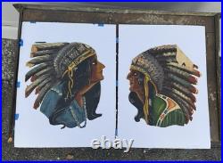 Native American Oil Paintings Canvas Pair 1930s Tattoo Folk Art