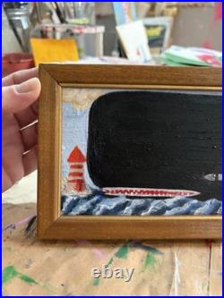 New Folk Art, Oil, Painting, Black Nantucket Whale Framed
