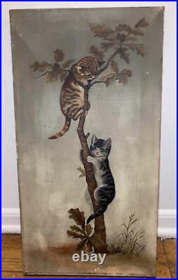 Nice Antique Victorian Oil Painting Two Cats On Tree Kittens Playing Kitty
