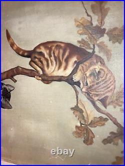 Nice Antique Victorian Oil Painting Two Cats On Tree Kittens Playing Kitty