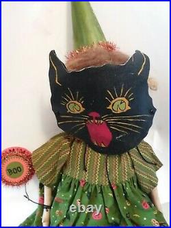OOAK Folk Art Halloween Handmade Painted Face Pretty Witch Doll Black Cat Mask