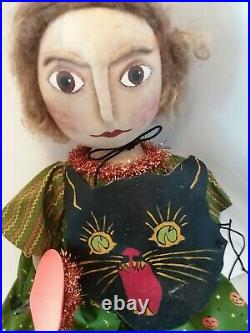 OOAK Folk Art Halloween Handmade Painted Face Pretty Witch Doll Black Cat Mask